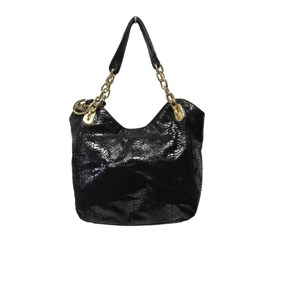 Michael Kors Fulton Shoulder Bag‎ Womens Large Black Snake Embossed Leather Gold